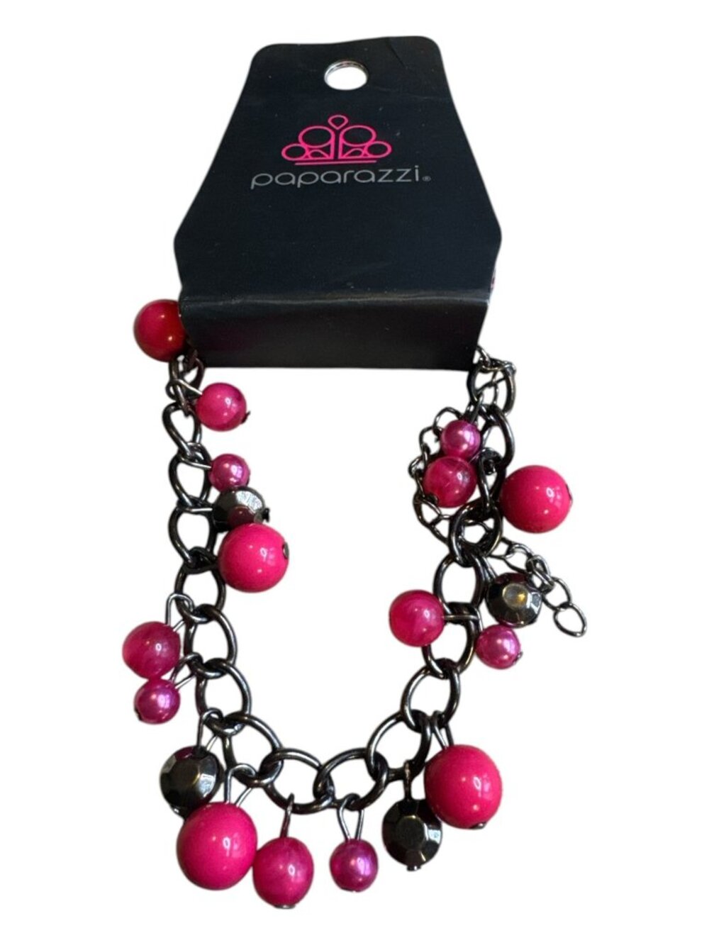 Paparazzi Chunky Statement Bracelet With Red & Pink Beads On Gunmetal Chain 7" A